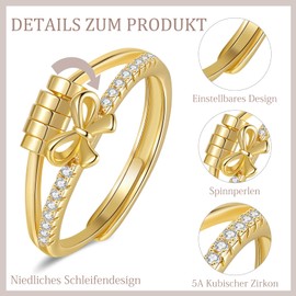 Ecripe Sterling Silver 925 Anxiety Ring for Women, Adjustable Zirconia Ring with Bow, Hypoallergenic Fidget Ring for Girlfriend Wife, Sterling Silver, Cubic Zirconia