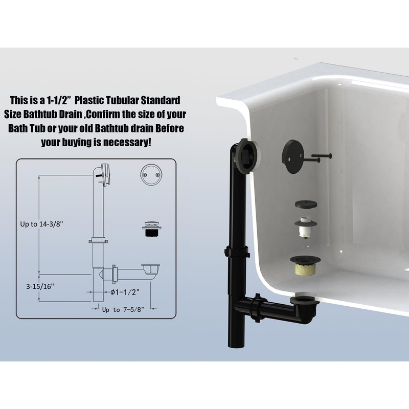 Artiwell 1-1/2" Black Tubular Bath Drain Kit with Tip-Toe Bath