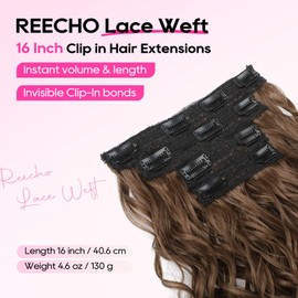 REECHO Curly Hair Extensions, 4PCS 16 inch Clip in Hair Extensions Lace Weft Short Curly Hair Extension Clip Ins Natural Hairpieces for Women, Light Caramel Brown