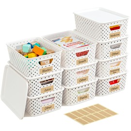 10 Pack Small Plastic Storage Bins with Lids, Stackable Plastic Storage Baskets for Organizing with Handles, Organizer Bins with Labels for Room, Craft, Containers for Pantry Organizers and Storage