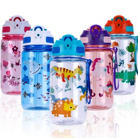 SUPPRUI Kids Water Bottles with Straw & Handle,600ml Toddler Drinks Bottle for School,Leakproof Children's Bottle BPA free Sport Bottle for Girls Boys (Blue - Dinosaur)