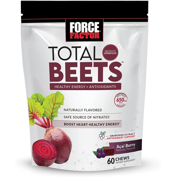 Force Factor Total Beets Soft Chews with Beetroot, Nitrates, L-Citrulline, Grapeseed Extract, and Antioxidants, Healthy Energy Supplement with Elite Ingredients for Heart, Superfood, 60 Count