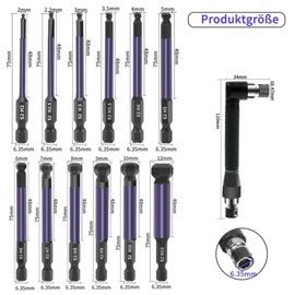 12-piece screwdriver set, hexagonal bit set, ball head, hexagon screwdriver bit, 75 mm, 1/4 inch, magnetic hexagon socket impact wrench bits set, 2/2.5/3/4/5/6/8/10/12 mm, S2 bit set