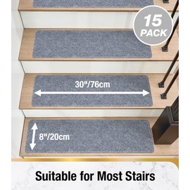 HITSLAM Stair Treads for Wooden Steps, 8 x 30 Inch Carpet Stair Treads Non-Slip Indoor, Safe for Kids Elders and Dogs, Stair Runners with Self-Adhesive Backing, Easy to Install, 15 Pack Grey