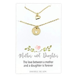 Mother Daughter Necklaces - 2 Small layering Gold Heart Necklaces - Tiny Gold Heart & cut out heart, with 15"-17" and 16"-18" chains (Gold)