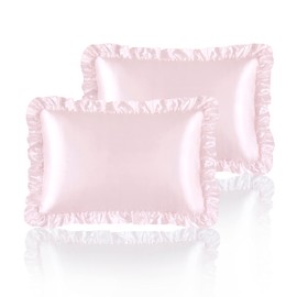 HommxJF Silky Satin Ruffled Pillow Cases for Hair and Skin,Blush Pink Silk Pillowcases King Set of 2 with Envelope Closure Princess Room Decoration
