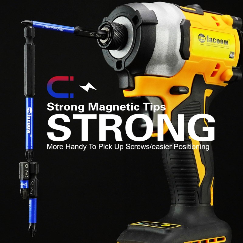 Facoow Phillips Impact Driver Bits, #2&1 Phillips Head Magnetic Screwdriver