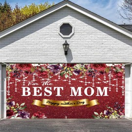 Happy Mother's Day Garage Door Cover 13 x 6 ft Red Rose Flower for The Best Mom Backdrop, Moms Day Birthday Outdoor Garage Door Decoration Banner
