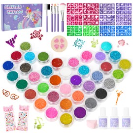 Children's Glitter Tattoo Set, Temporary Glitter Tattoos Set, Girls, 38 Colours, 139 Stencils, 5 Brushes, 3 Glue, 2 Rhinestones, 1 Sponge Cloth, Children's Tattoos for Parties, Birthday, Gift from 3