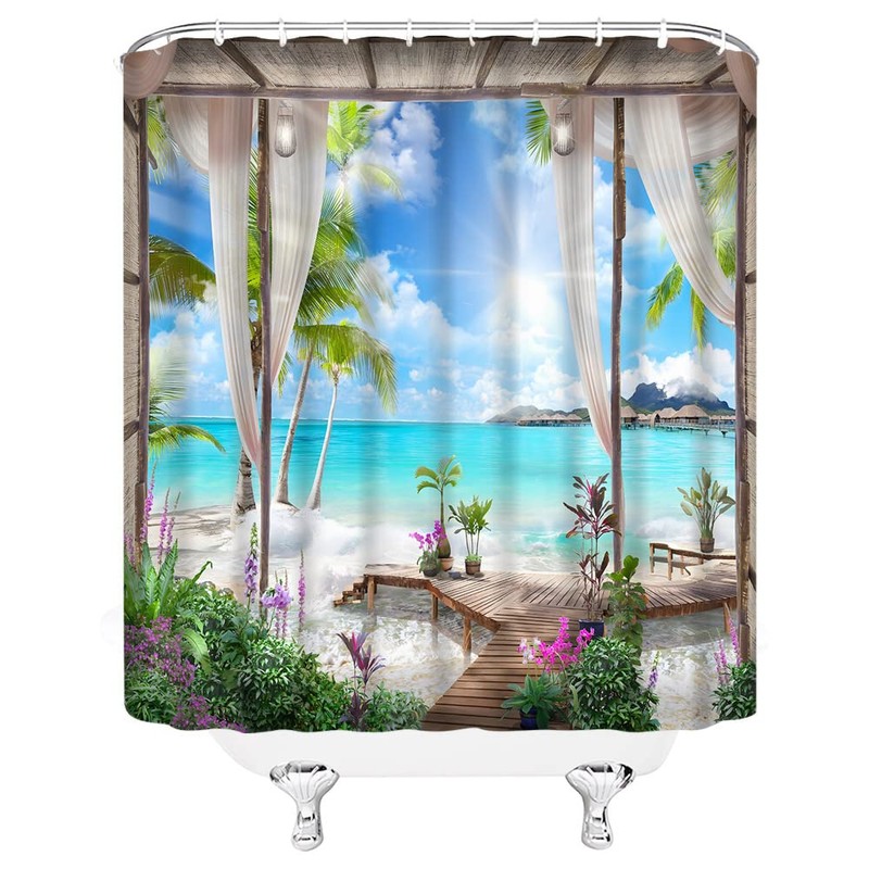 JIRGIXA Ocean Beach Shower Curtain Nature Scenery Landscape Tropical Palm