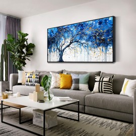Blue Tree Wall Art Bedroom - Modern Canvas Art Wall Decor for Living Room - Framed Wall Art Size 24" x 48"