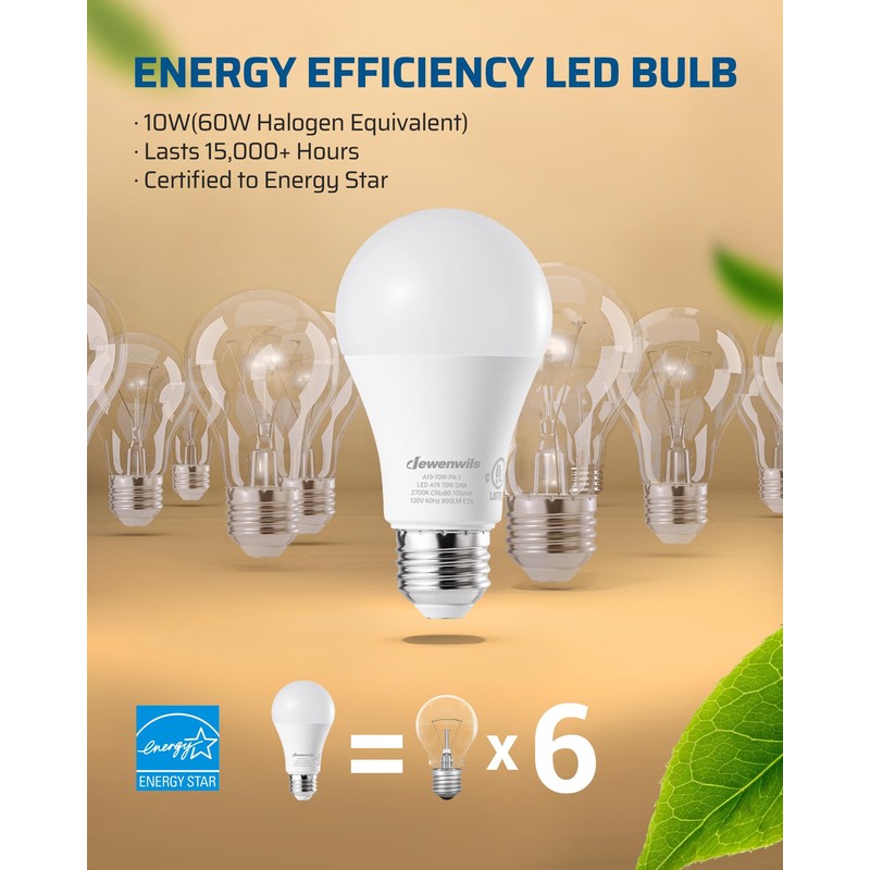 DEWENWILS 4-Pack A19 Dimmable LED Light Bulbs, 2700K Warm Light