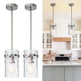 Brush Nickel Pendant Lights Kitchen Island, Glass Pendant Light Fixtures Modern Kitchen Island Lighting with Hammered Glass Shade for Dining Room Light Farmhouse Chandelier Sink Foyer Entryway 2 Pack