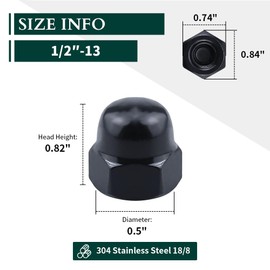 1/2"-13 Hex Head Acorn Cap Nuts, 304 Stainless Steel 18-8 Hexagon Head Acorn Dome Cap Nuts, Black Oxide Finish, Hex Drive, 20 PCS