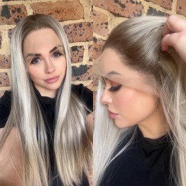 MISSWEN Frontal T Lace Wigs Bleach Blonde Synthetic Hair Heat Resistant Long Straight