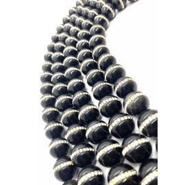 Natural Round Black Obsidian with C.Z. Inlay 16mm Stone 15in. Strands