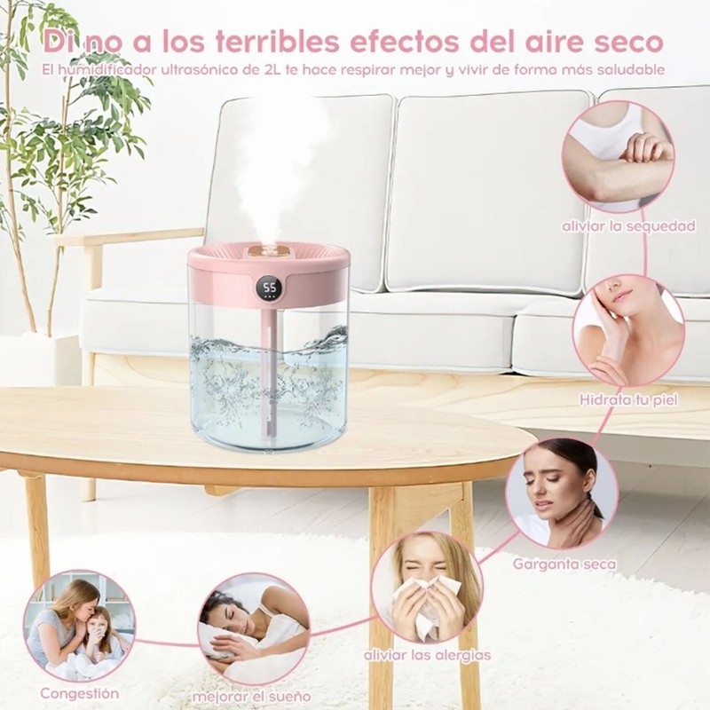 2L Mist Humidifier Pink Mute USB Night Lamp Function Dual
