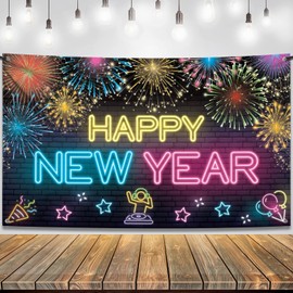 KatchOn, XtraLarge Neon Happy New Year Banner - 72x44 Inch | Glow in The Dark New Years Eve Party Supplies 2026 | Colorful NYE Backdrop 2026, Happy New Years Decorations 2026