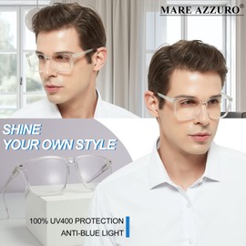 MARE AZZURO Oversized Bifocal Reading Glasses Men Blue Light Blocking Computer Readers 1.00 1.25 1.50 1.75 2.00 2.25 2.50 2.75 3.00 3.50 (Transparent, 1.75)