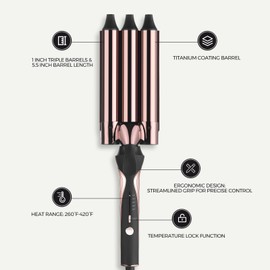 Rozamor 3 Barrel Curling Iron Hair Crimper, 1 inch Barrel Hair Curling Wand with 5 Temperature Settings, Long Lasting Hair Iron, Black