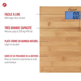 Escali Bamboo Digital Electronic Bathroom Scale for Body Weight, Bath Scale with Extra-High Capacity of 440 lb, Batteries Included