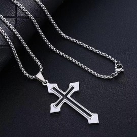 LUSKINNO Traditional Men's Titanium Steel Cross Necklace, Black Bright Cross Pendant with 2.23 FT Keel Chain, Waterproof Anti-Tarnish Anti-Deformation Accessory