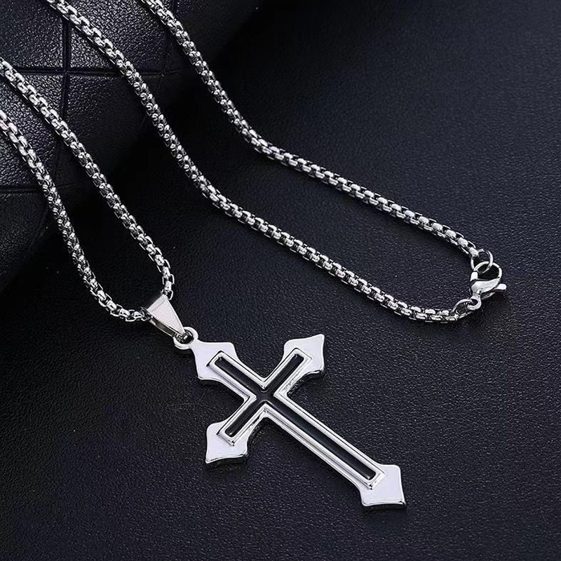 LUSKINNO Traditional Men's Titanium Steel Cross Necklace, Black Bright Cross