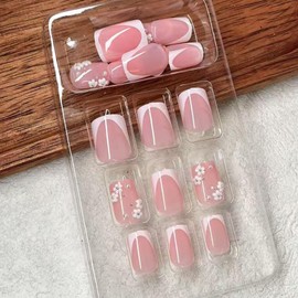 FNKFNK White French Tip Press on Nails Short Square Fake Nails with 3D Flower Charms Designs Glossy White Flower False Nails Reusable French Full Cover Glue on Nails for Women 24Pcs