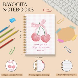 BAYOGITA Coquette Pink Bow Cherry Christian Spiral Notebooks, With God All Things are Possible Bible Journal, Religious Journal for Women, Coquette Girly Office Supplies, 5.5x8.3 Inches