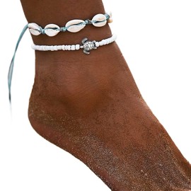 Prosy Boho Shell/Starfish/Turtle/Anklets Weave Ankle Bracelets Beaded Beach Summer Foot Jewelry Adjustable for Women and Girls (White)