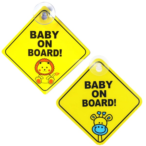 2PCS Baby on Board Sign for Car Warning, Removable Kids Safety Warning Sticker Sign for Car Warning with Suction Cups Yellow Cute Lion Giraffe Pattern Y3BBJST (1)