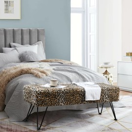 Home Soft Things Leopard Type Ottoman Bench 46" x 16" x 17" Rectangle Footrest Upholstered Mink Fabric Decor for Living Room End of Bed Entryway or Bedroom Sitting Stool with Storage Need Assemble