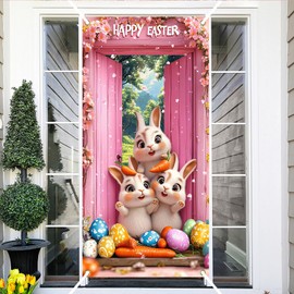 Ticuenicoa Happy Easter Door Cover Banner, Cute Bunny and Carrot at Pink Door for Easter Door Decoration,Easter Party Supplies Banner Hanging Backdrop Sign for Home and Outdoor, 72x35 Inches