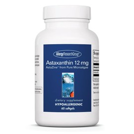 Allergy Research Group Astaxanthin 12mg Supplement - from Organic Microalgae, Eye Health, AstaZine Astaxanthin, Natural Antioxidant, Skin Health, Brain Function Support, Softgels - 60 Count