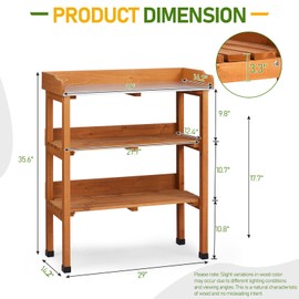 Outdoor Garden Potting Bench Table,Wooden Work Bench with Metal Tabletop,Open Shelf & 3 Hooks,Horticulture Planting Worstation Patio Furniture (Wood, 2 Shelves)