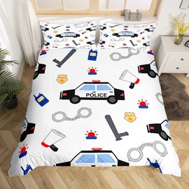 Police Car Duvet Cover Set Policeman Vehicle Comforter Cover Automobile White Bedding Set Cartoon Car Pattern Bedspread Cover for Kids Boys Girls Single Size With 1 Pillow Case