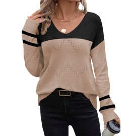 Zeagoo Womens Long Sleeve Tops Fall Casual V Neck Ribbed Knit Color Block Sweaters Spring Outfits 2025 Black Apricot S