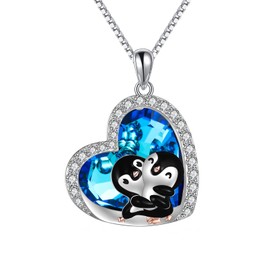 POPKIMI Sterling Silver Penguin Necklace with Blue Heart Crystal - Penguin Gifts for Women
