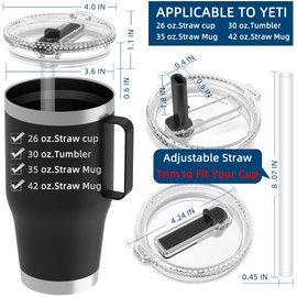 2-Pack Cup Lids Fit for YETI Rambler 26 oz Straw Cup, 30 oz Tumbler, 35 oz & 42 oz Straw Mug, BPA-Free, Reusable, Spill-Proof, Black