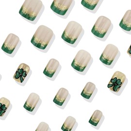 24Pcs St. Patricks Day Press on Nails Short French Tip Fake Nails with Shamrock Gold Glitter Design Full Cover Tips Acrylic Nails Artificial False Nails for Women DIY St Patrick Day Nails Art Decor