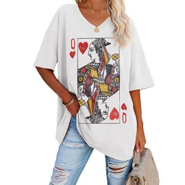 Fazortev Womens Oversized Queen Of Hearts Graphic T Shirts Casual V Neck Half Sleeve Summer Loose Tees Tunic Tops White