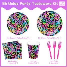 120pcs Neon Rainbow Leopard Birthday Party Supplies Plates Napkins Cheetah Girl's Sparkly Splatter Paper Tableware Set Disposable Cups Pink Forks 24 Guests