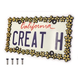 Creathome 3D Shining Daisy Wrenth License Plate Frame from Pure Zinc Alloy Metal Perfect Plate Holder,Matt Black with Gold Glitter