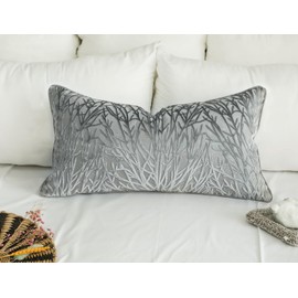 PANOD Decorative Modern Long Lumbar Pillow Cover 12 x 24, Boho Long Pillow for Bed,Soft Velvet Twigs Textured Coastal Neutral Long Rectangle Pillow Cover for Sofa Couch Farmhouse Livingroom, Grey