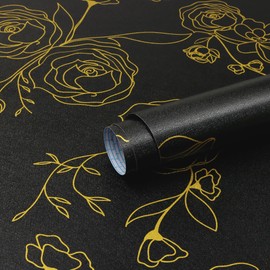 Safiyya 590"x17.3" Peel and Stick Wallpaper Black and Gold Contact Paper Floral Wallpaper Self Adhesive Removable Wallpaper for Bedroom Covering Vinyl Rolls
