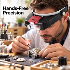 Head-Mounted Magnifier with LED Light – 1.5X, 3X, 8.5X & 10X Hands-Free Magnifying Glass for Jewelry, Watch Repair & Crafts