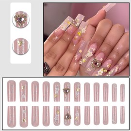 Gifiky 24Pcs Relief Daisy Tip Press on Nails - Long Coffin False Nails with Acrylic Crystal Gem Design Design,Gradient Nude Fake Nails for Women,Reusable Glue on Nails Full Cover Tips