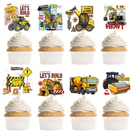 24Pcs Construction Cupcake Toppers, Construction Birthday Party Decorations, Dump Truck Exavator Tractor Party Supplies, Baby Shower Decor For Boys Kids