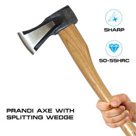 Prandi Axes C45 Forged Carbon Steel Axe with Splitting Wedge - Hickory Handle with Leather String -Ideal for Firewood, Splitting, and Chopping - 31.5" L x 7.4" W, 2000g Head 3.016.20.TH - No Sheath