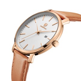 CHEETAH Minimalist Waterproof Auto Date Quartz Watches for Men with Leather Strap, Rose Gold-Tone Case